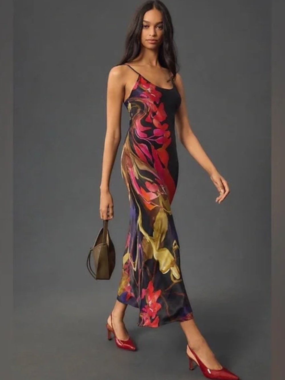 Conditions Apply Black Maxi Slip Dress with Red & Pink Abstract Swirl Print